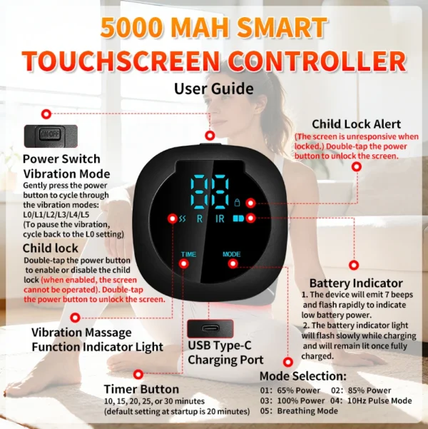 Portable 108LEDs Red Light Therapy Belt with Vibration Massage Wireless Rechargeable 660nm 850nm Full Body image 5