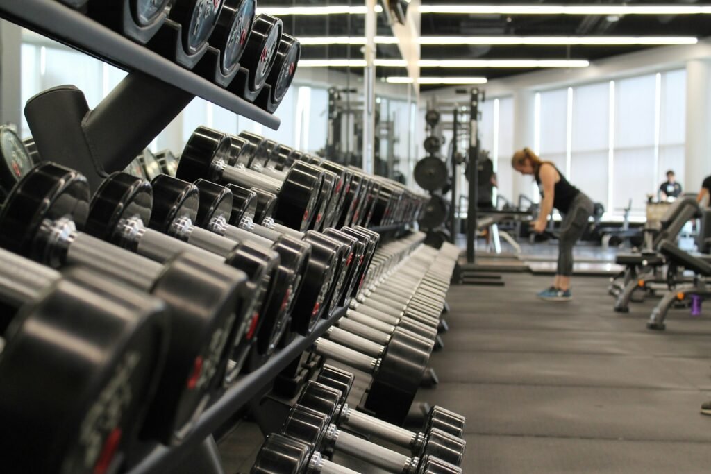 Gym recovery area with red light therapy panels